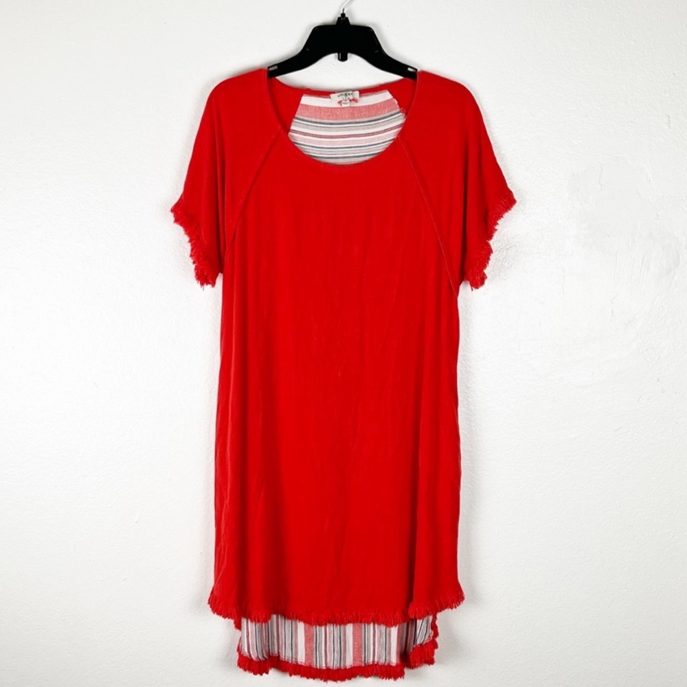 UMGEE Linen Blend Fringe Trim Short Sleeves Boho High Low Hem Back Striped Dress